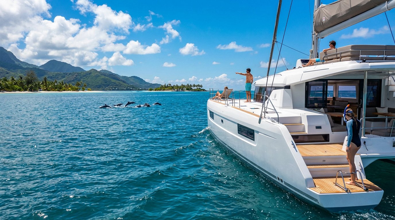 Catamaran à Maurice avec passagers regardant des dauphins, femme avec masque de plongée, plages tropicales et montagnes en fond.