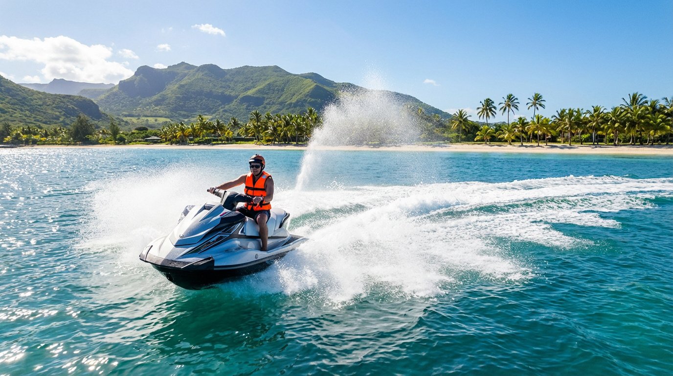 Un homme en gilet de sauvetage orange sur un jet ski argenté fendant les eaux turquoise de Maurice, avec plage et montagnes en fond.
