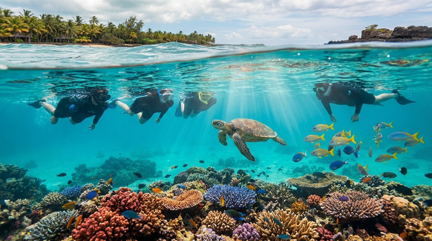 Quatre personnes font de la plongée avec tuba parmi un récif corallien vibrant, une tortue marine et des poissons à l'île Maurice.
