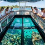 Personnes sur un bateau à fond de verre observant les coraux et poissons tropicaux dans des eaux turquoise près d'une plage.