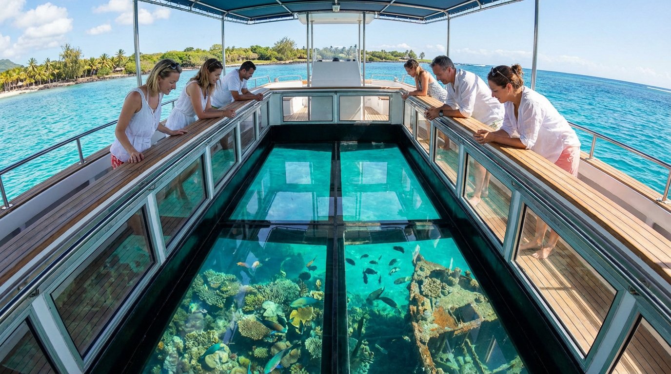 Personnes sur un bateau à fond de verre observant les coraux et poissons tropicaux dans des eaux turquoise près d'une plage.