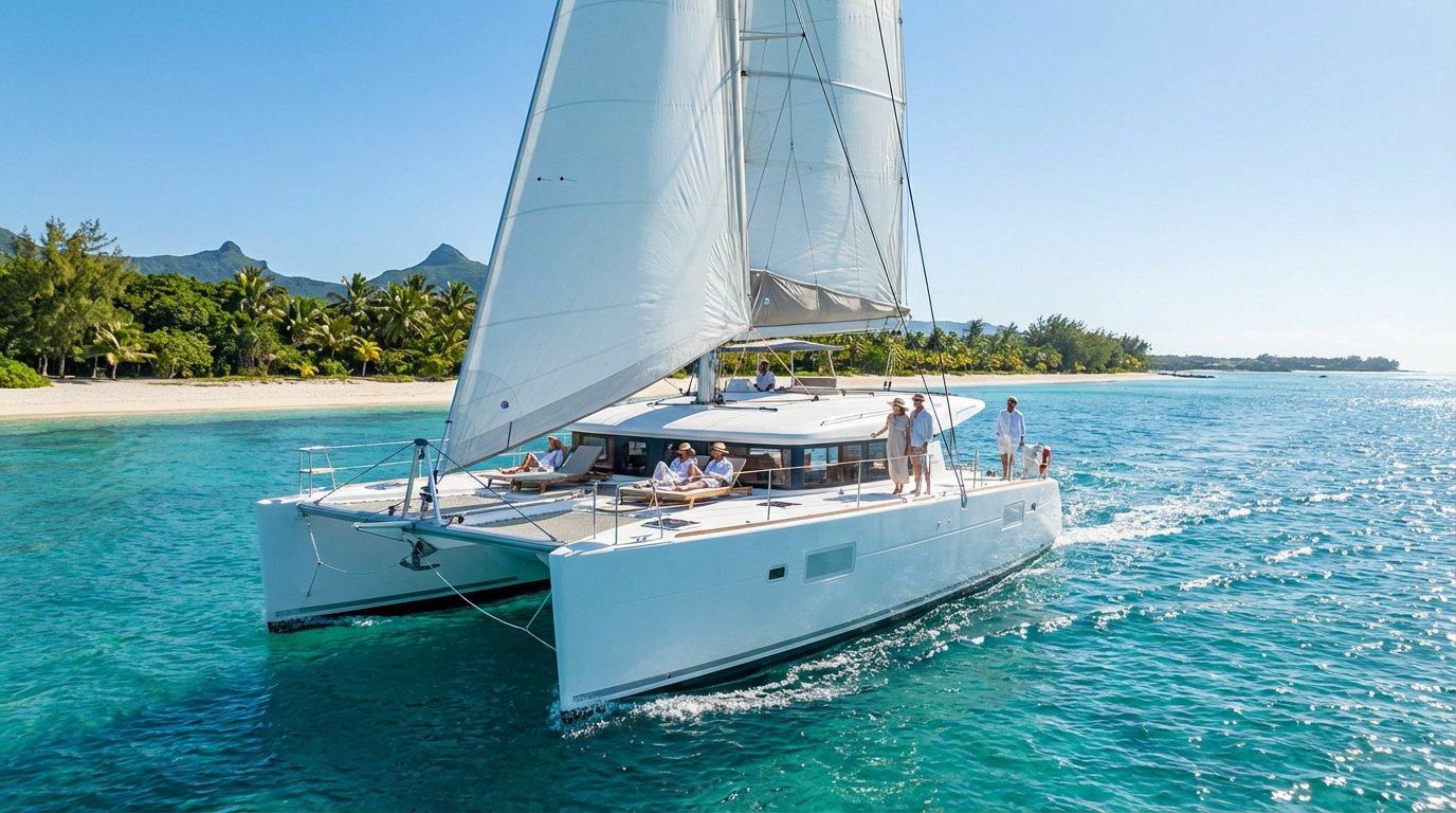 Grand catamaran blanc avec des passagers naviguant sur des eaux turquoises près d'une plage tropicale et de montagnes verdoyantes.