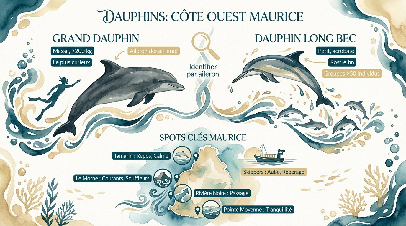 Dauphins sauvages nageant près du Morne à l'île Maurice