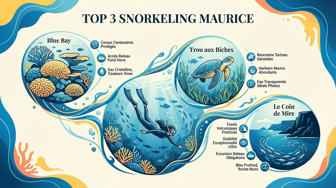 Infographie comparative du top 3 des meilleurs spots de snorkeling à l'île Maurice