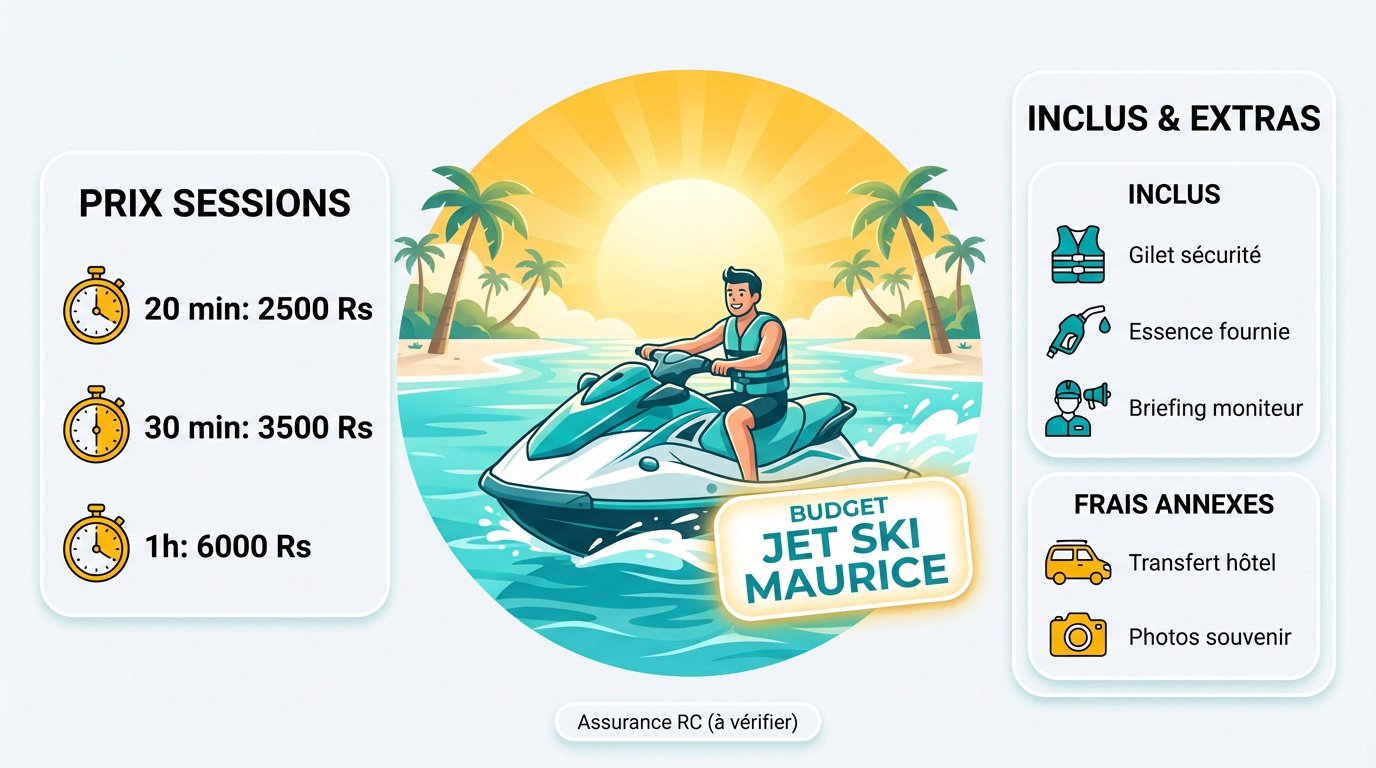Jet ski sur le lagon bleu de l'île Maurice avec indication des tarifs et équipements de sécurité