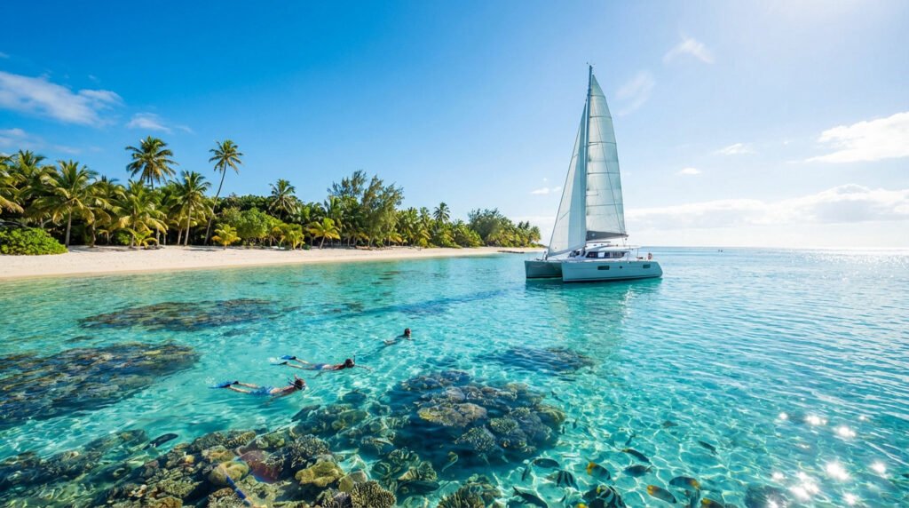 Plage tropicale idyllique à Maurice avec un catamaran à voile, des nageurs en snorkeling et des palmiers sous un ciel bleu.