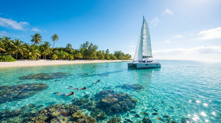 Plage tropicale idyllique à Maurice avec un catamaran à voile, des nageurs en snorkeling et des palmiers sous un ciel bleu.