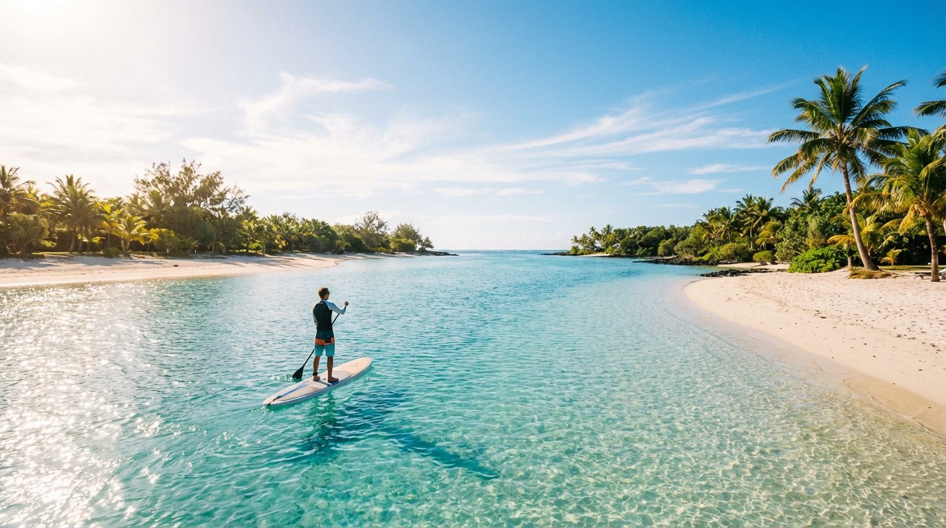 Un homme fait du paddle sur des eaux turquoises et peu profondes, longeant une plage de sable blanc bordée de palmiers sous un ciel ensoleillé.