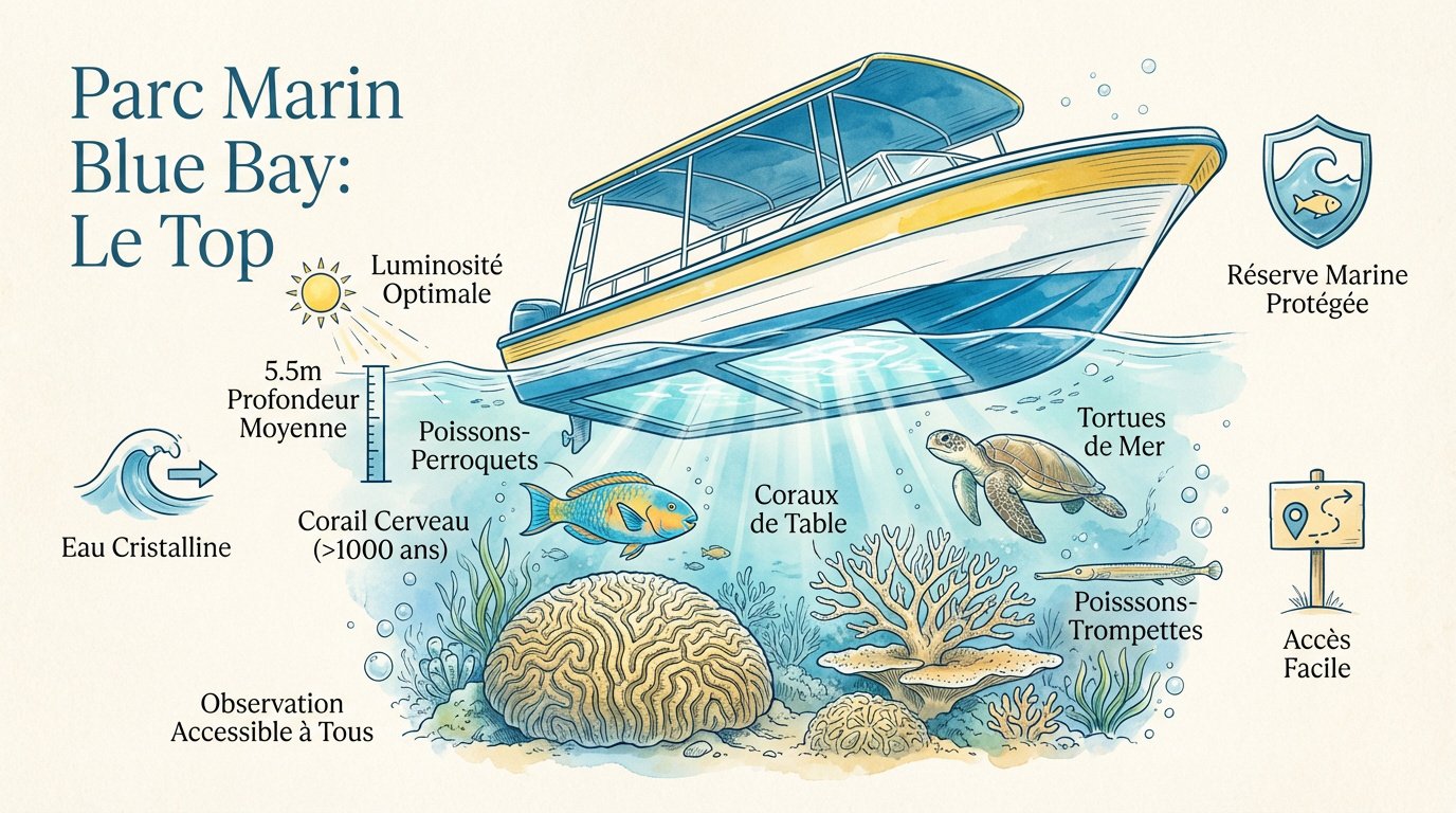 Bateau à fond de verre naviguant sur les eaux claires du parc marin de Blue Bay à Maurice