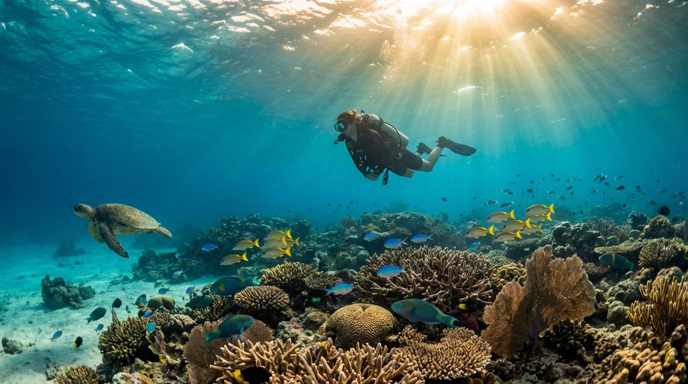 Un plongeur observe une tortue de mer et un récif corallien foisonnant de poissons sous les rayons du soleil à l'île Maurice.