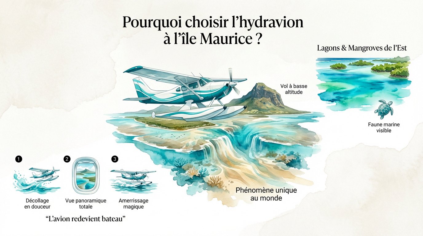 Survol en hydravion de la cascade sous-marine au Morne à l'île Maurice