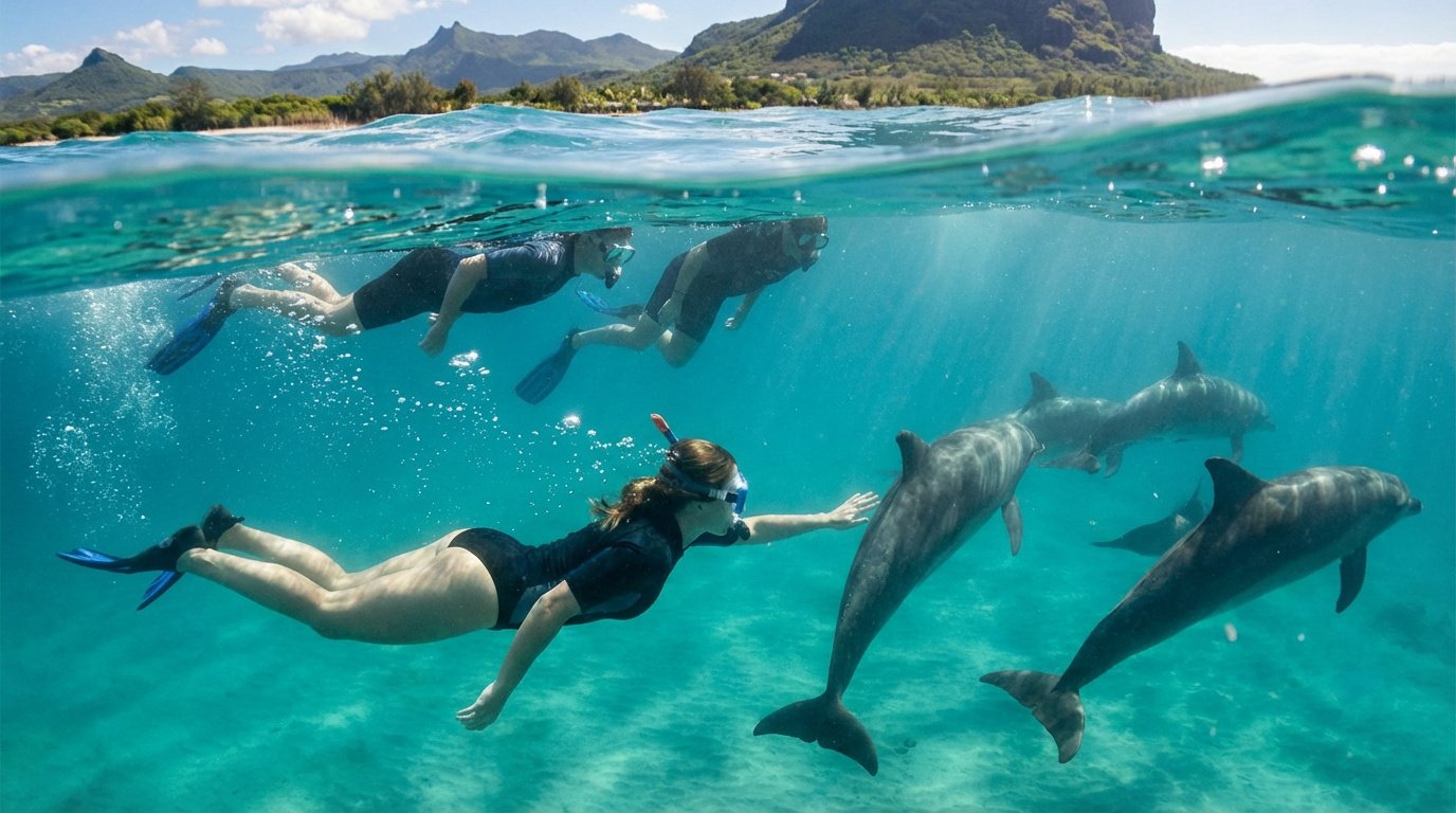 Des nageurs observent des dauphins sous l'eau claire de Maurice, avec des montagnes verdoyantes et une plage en arrière-plan.