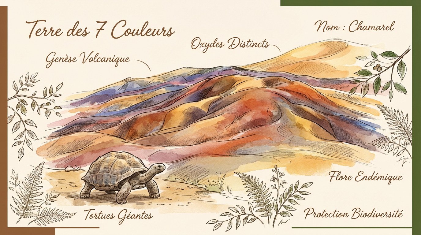 Dunes de terre colorée à Chamarel sous le soleil